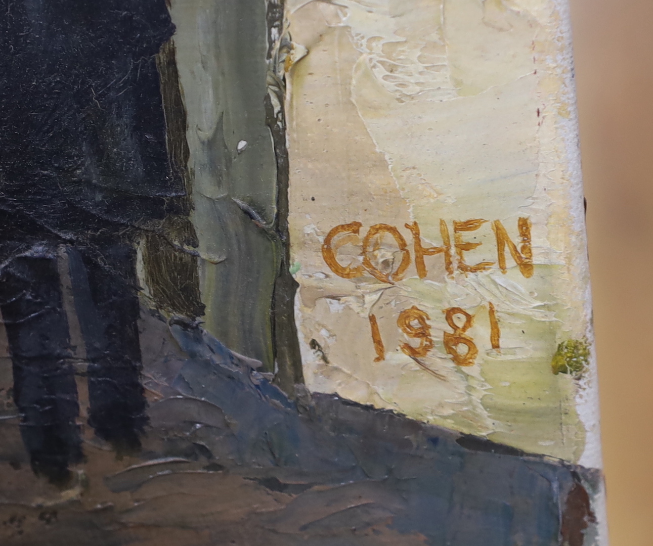 Cohen, impasto oil on canvas, Continental street scene with figures, signed and dated 1981, 50 x 40cm, unframed